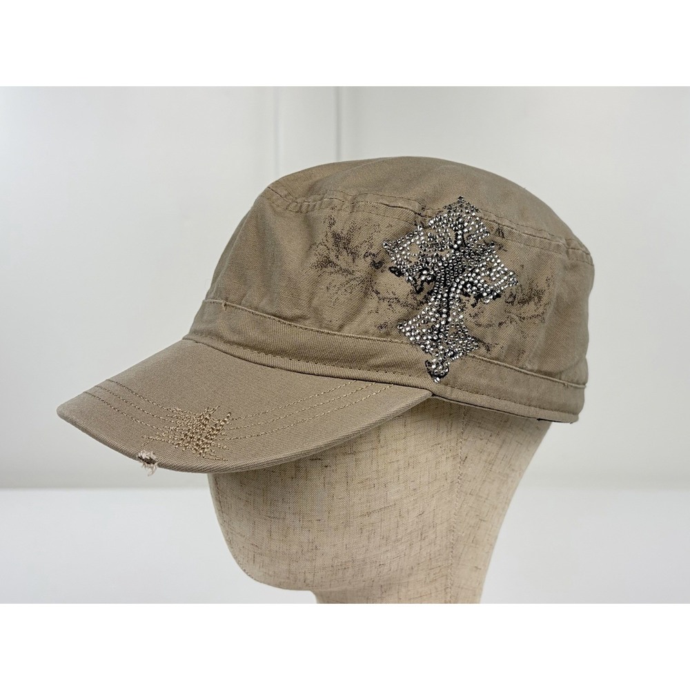 KC Caps Rhinestone Cross Cadet Hat Khaki Y2K Style Army Cap Distressed OSFM